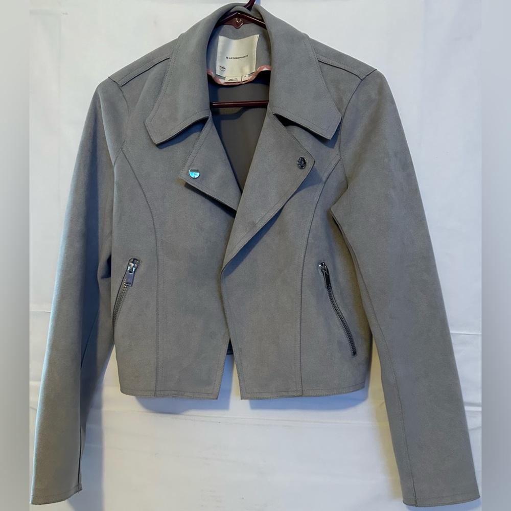 Anthropologie Kelyn Faux Suede Moto Jacket Gray Size Small